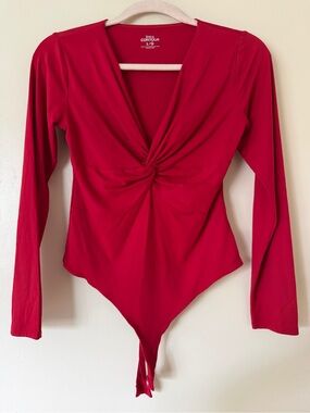 Red Twist-Front Long Sleeve Bodysuit